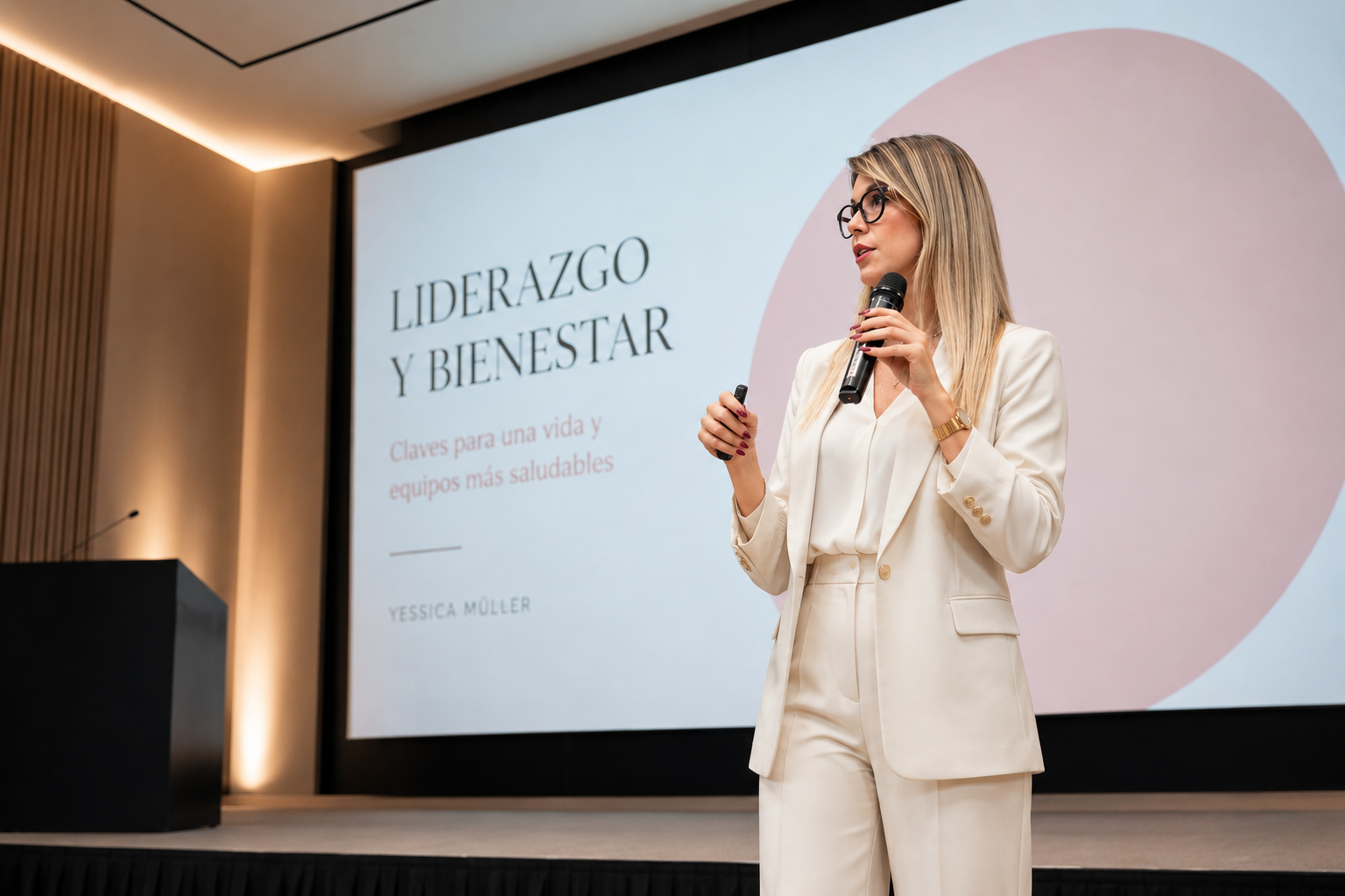 Yessica Müller dando una conferencia sobre liderazgo y bienestar